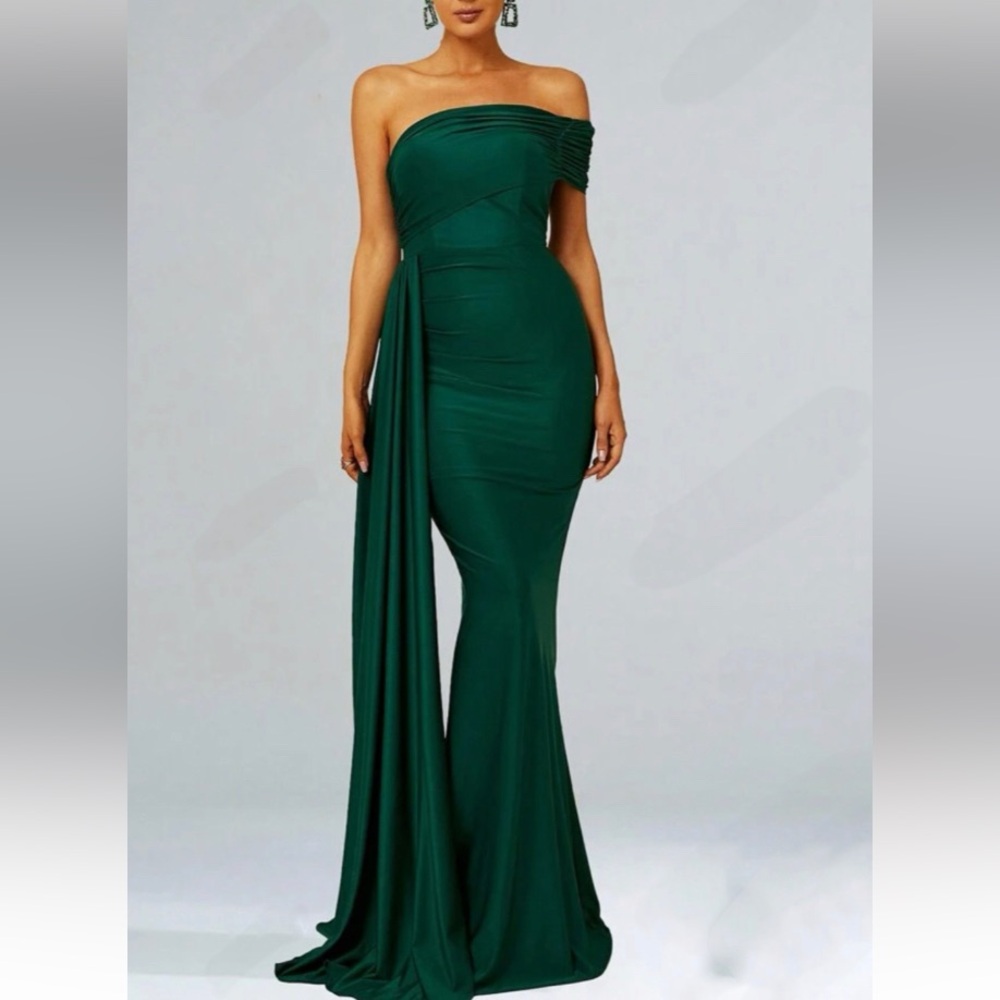 Luxe orange one shoulder draped party formal evening gown dress - Picture 2 of 10